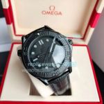 Copy Omega Seamaster Diver 300M All Black Watch Black Leather Strap